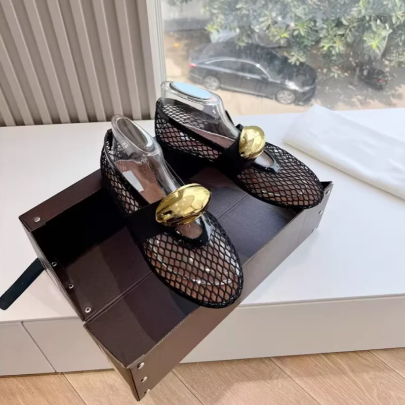 

French Designer Brand Light Luxury Mesh Ballet Shoes For Women, Flat Bottomed Metal Buckle Hollow Mary Jane Single Shoes