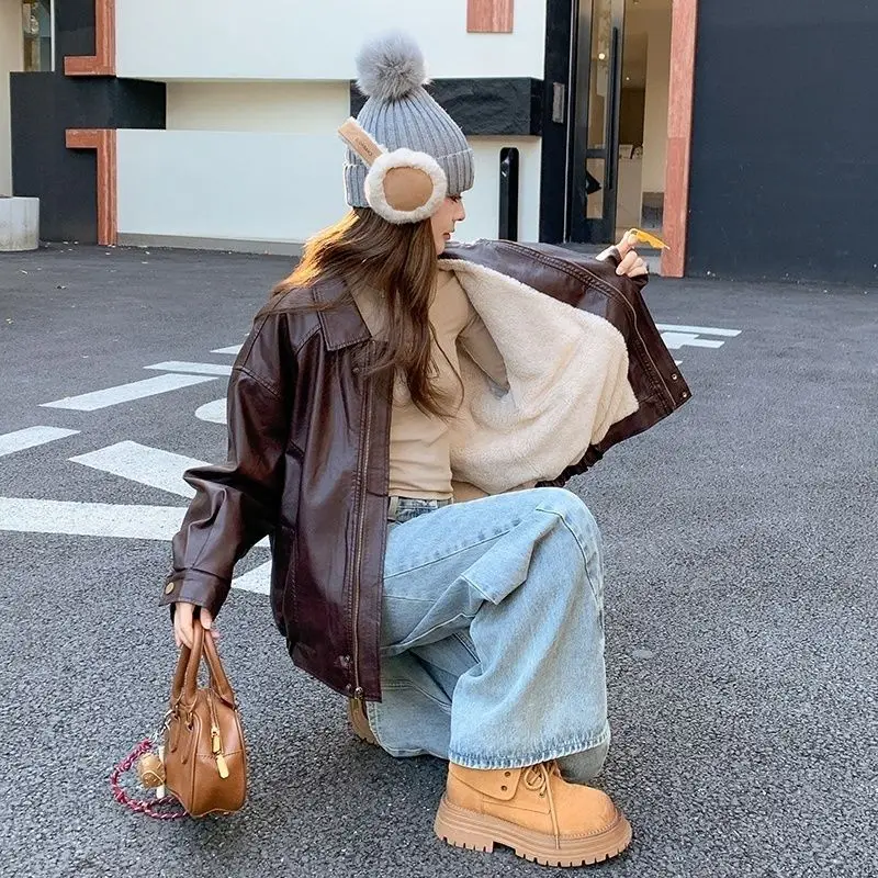 秋冬新作 レディース レザー ジャケット 厚手 ゆったり 防風 PU コットン ジャケット