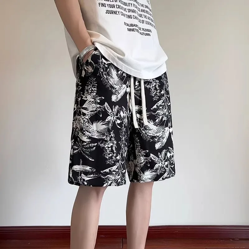 شورت رجالي من الحرير الجليدي سريع الجفاف، بنطلون شاطئ بخمسة أرباع، بنطلون كاجوال، ملابس صيفية خارجية قابلة للتنفس، نمط زهور عصري