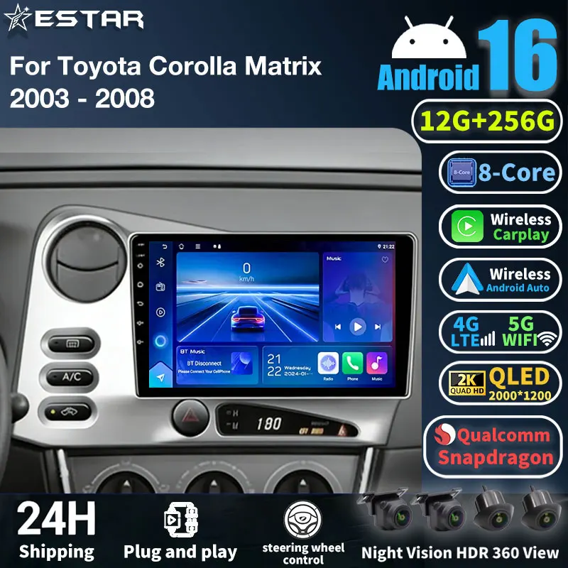 Android 16 Car Radio For PONTIAC Vibe 2003 2004 For Toyota Corolla Matrix E140 2003 - 2008 GPS 4G DSP Video Player CarPlay Auto