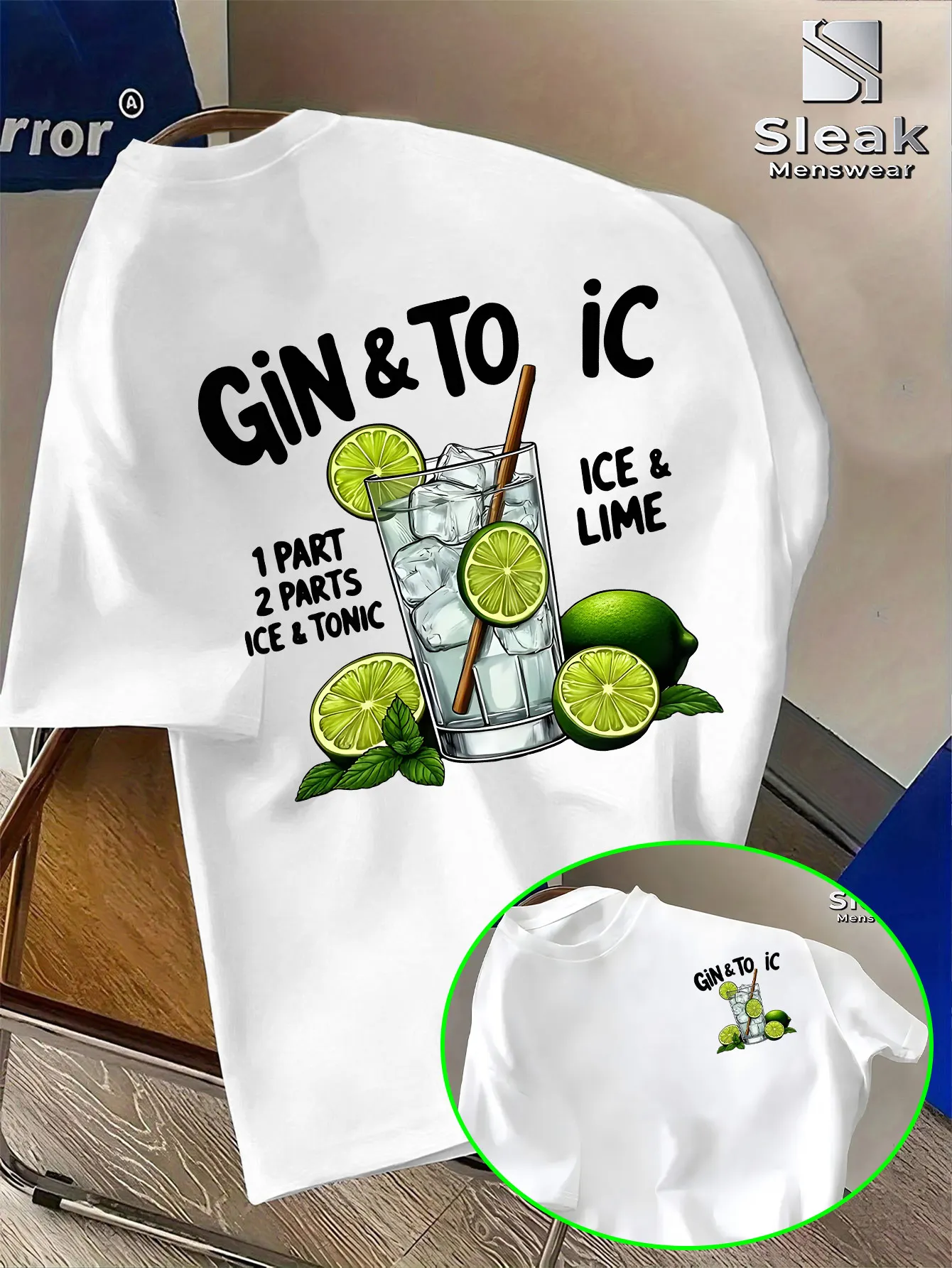 Camiseta de manga corta para hombre con estampado de tendencia, diseño retro de cultura callejera, gráfico de proporción de ginebra y tónica, diseño de tótem refrescante, hoja de lima y menta