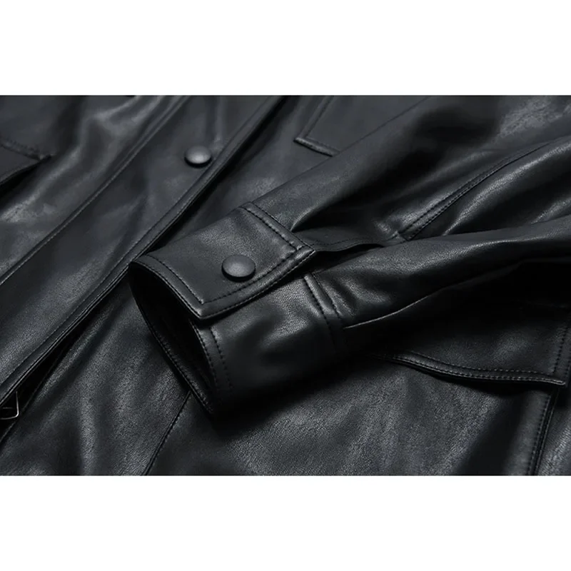 Mid-length Loose Vintage Black Big Pocket Faux Leather Coat With Belt Spring Autumn 2025 Women Casual Biker Jacket Veste Femme