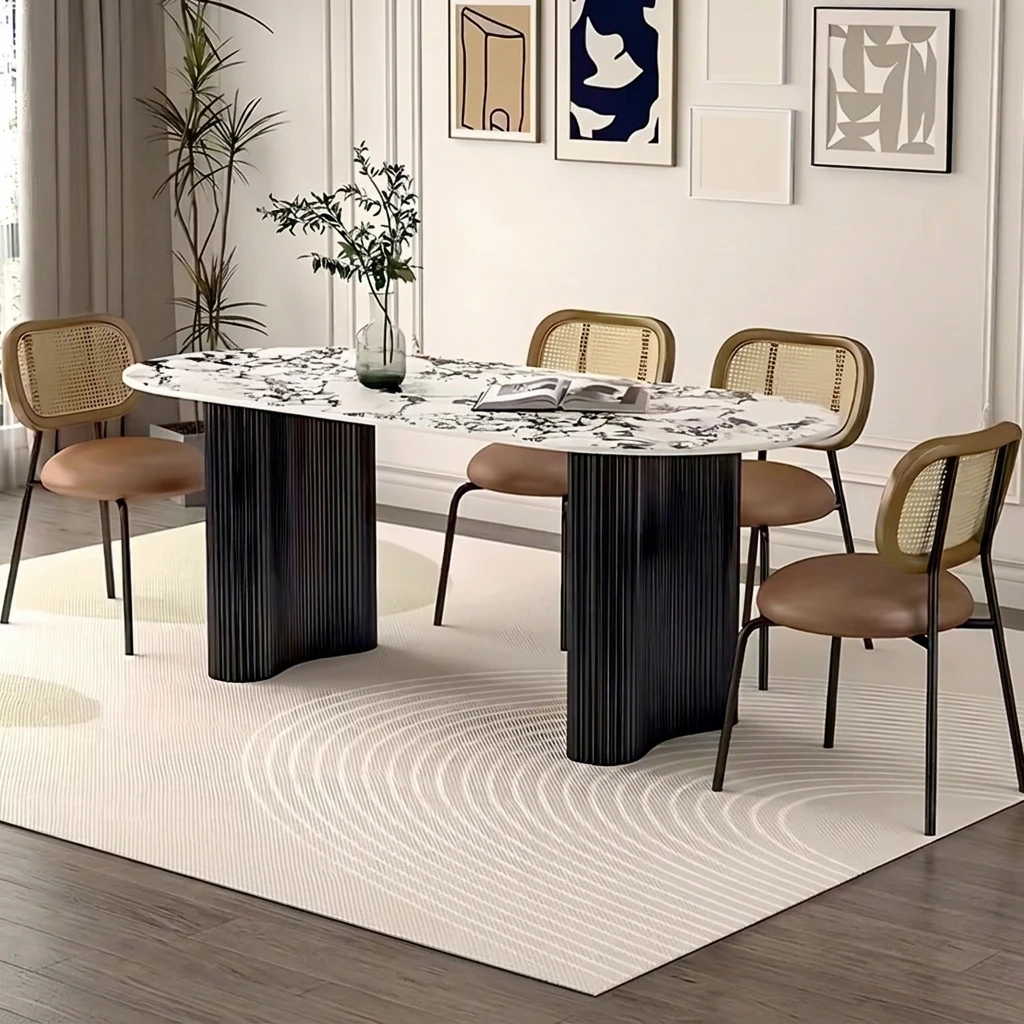 #Modern slate dining table set with burnt stone countertops and rattan chairs, suitable for apartments, homes, restaurants