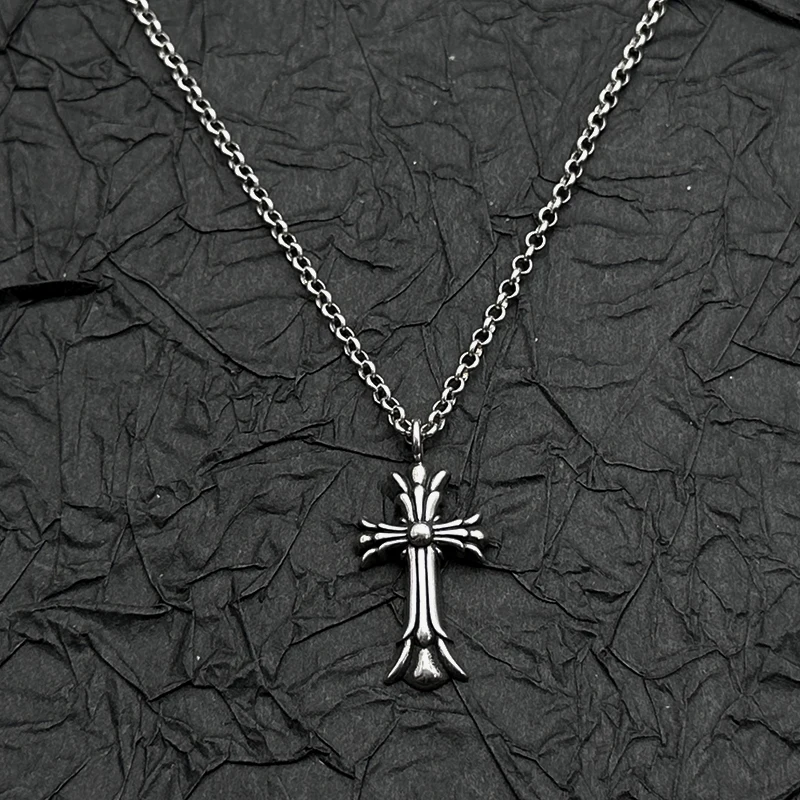 

S925 Sterling Silver Retro Old Small Double-layer Cross Pendant Necklace European and American Men and Women Niche