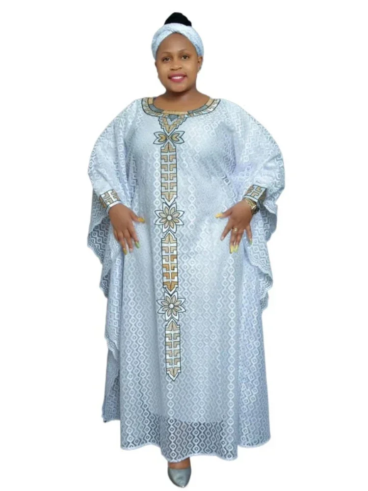 

African Dresses for Women Muslim Fashion Lace Boubou Dashiki Traditional Clothes Ankara Outfits Evening Gown with Headtie