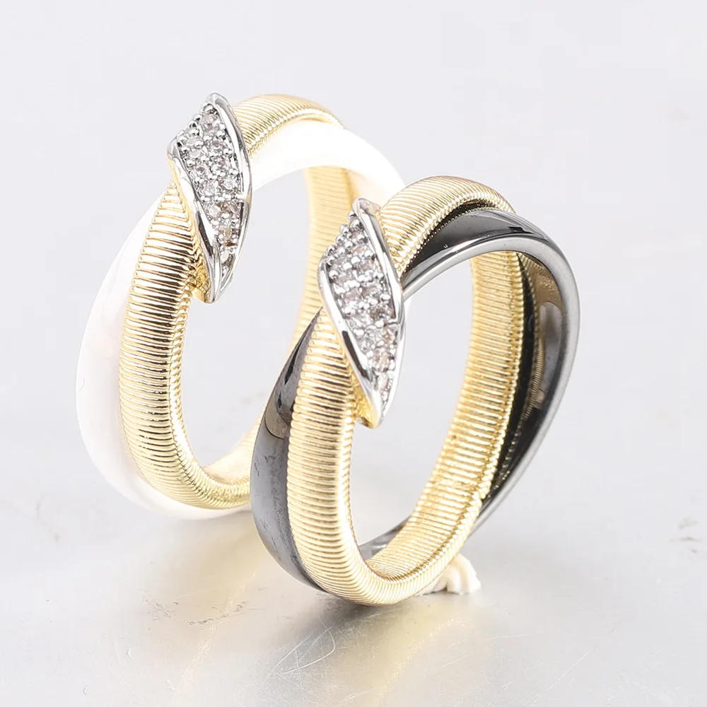 

8MM Ceramic Slanted Zircon Ring Gold Plated Black White Double Band Couple Rings Elegant Lover Jewelry Gift