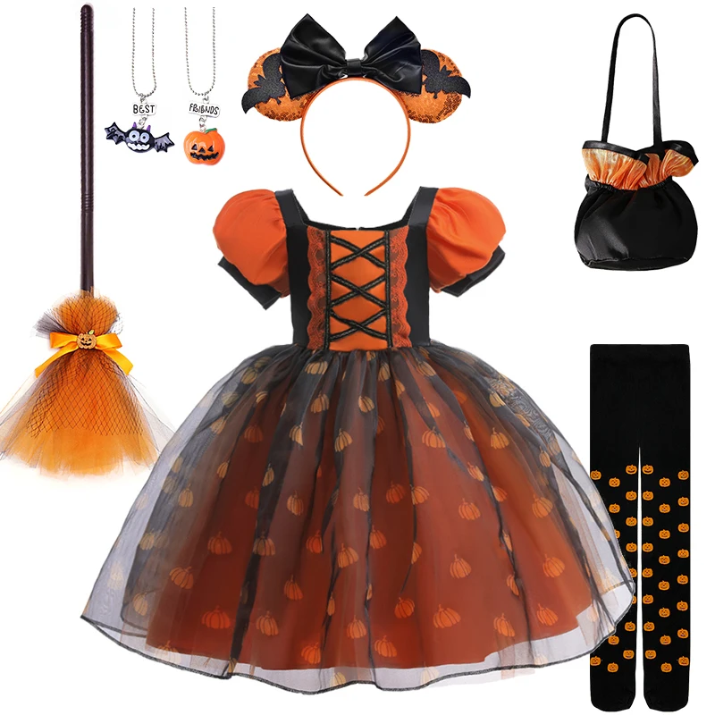 Fancy Girl Halloween Disguised Child Pumpkin Print Witch Princess Dress Children Cosplay Masquerade Party Performance Clothing