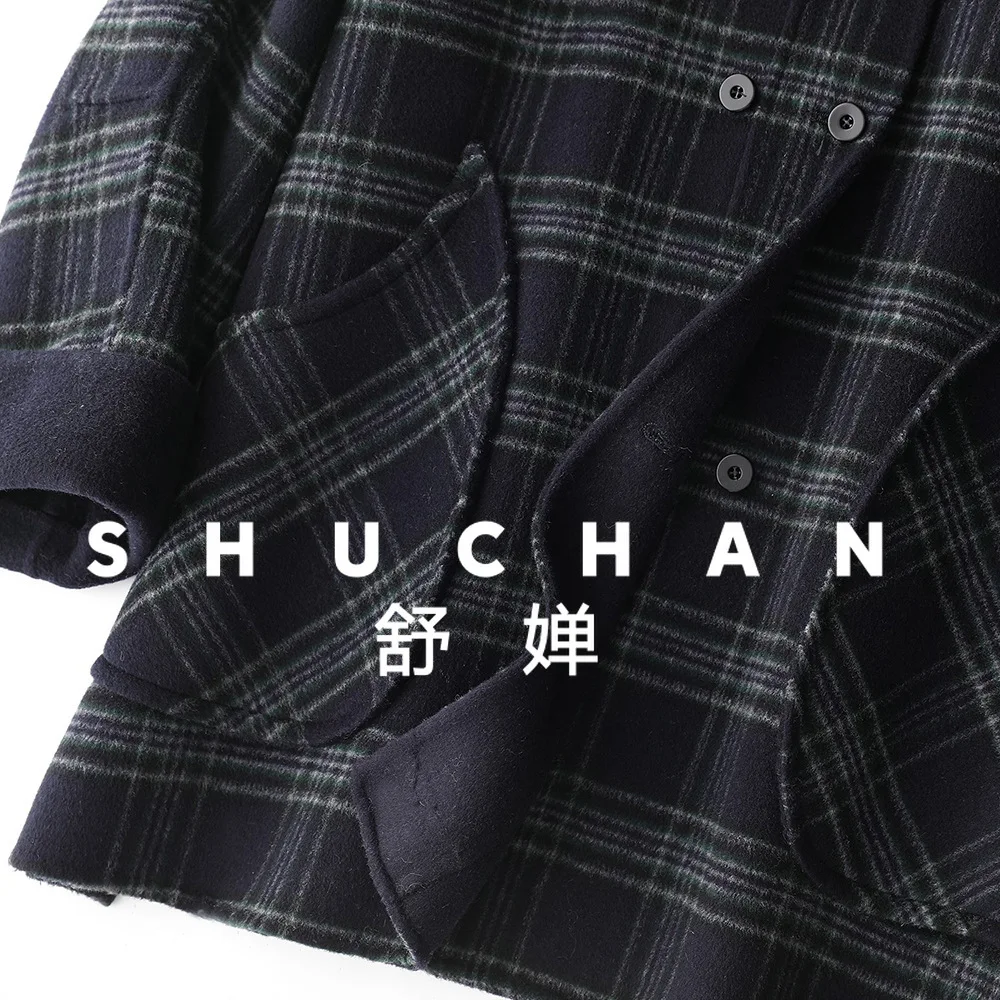 Korean Plaid Hemming Hooded Double-sided Tweed Coat Women Lazy Retro Casacos Femininos Inverno 2025