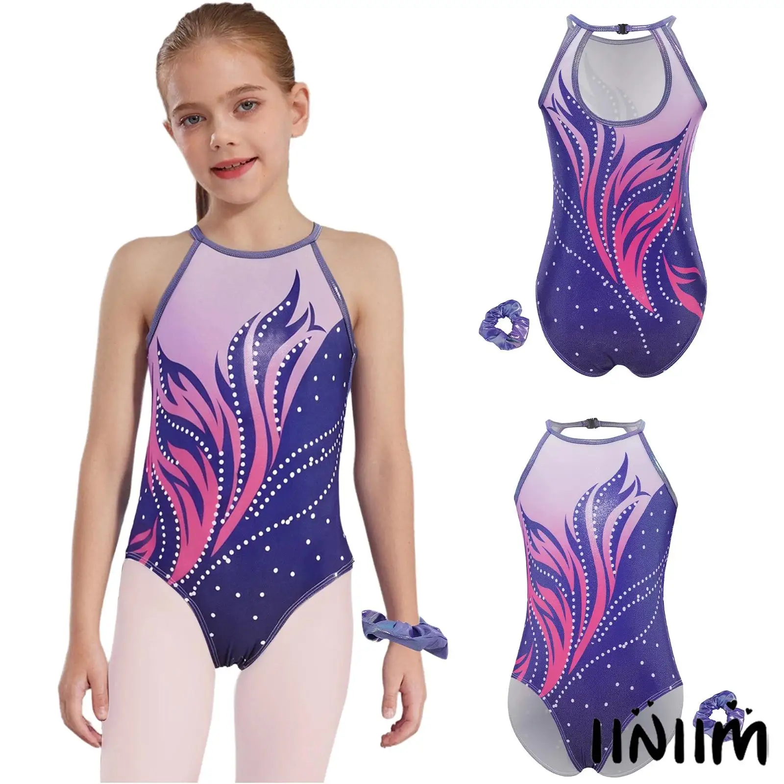

Girls Gymnastics Dance Performance Leotard Sleeveless Keyhole Back Color Block Bodysuit with Hairband Lyrical Ballet Dancewear