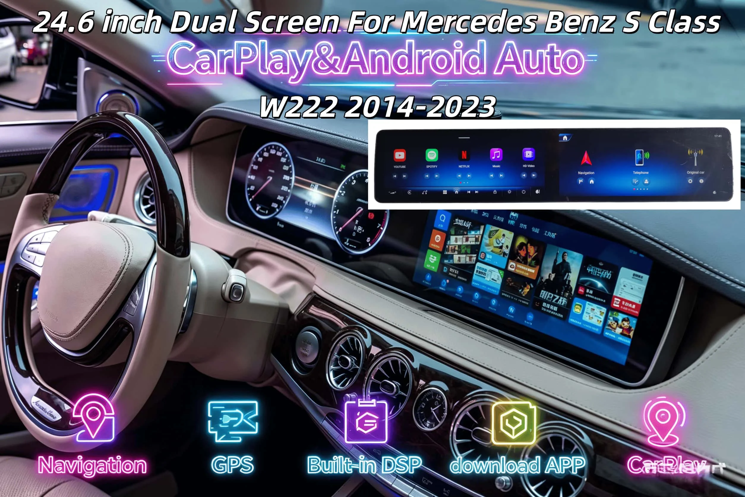 

H Dual Screen Multimedia Wireless Carplay Radio For Mercedes Benz E G S CLS E200 E300 W213 W257 W222 W463 2016 -2025 Android
