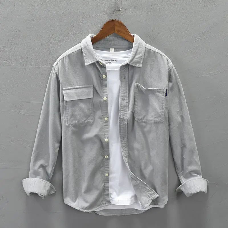Casual Loose Men's Long Sleeve Corduroy Shirt Autumn Winter Polyester Fiber Resistant to Deformation Regular Length  Collar