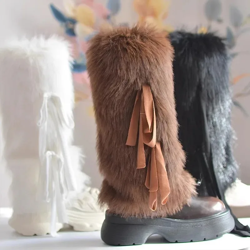 

Winter Warm Boot Cuffs Solid Color Ribbon Bowknot Furry Plush Leg Warmers Women Y2K Gothic Foot Covers Cosplay Party Decoration