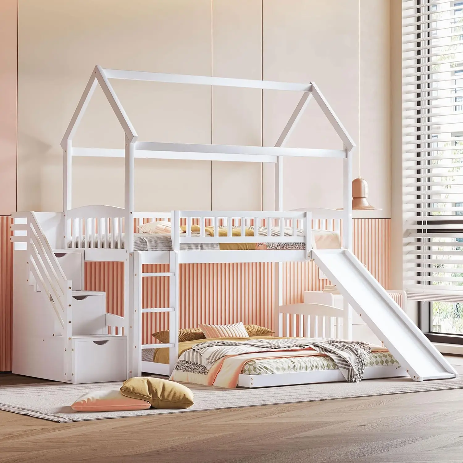 Curry & Bright Design House Beliche com escadas e Slide, Twin Over, Telhado e Guardrail, Piso de Madeira Beliche