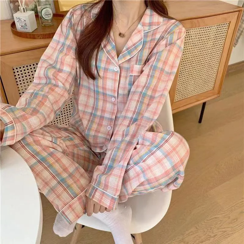 Summer and Spring Women's Floral Print Pajamas Long Sve Thin Home Clothes Set Sweet Student Net Two Piece Nightgown Set Hot