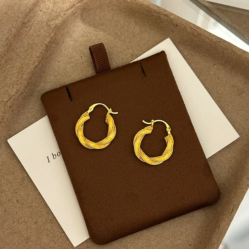Luxury 9999 24K Real Gold Brushed Mobius Ring Earrings for Women Twist Circle Niche Earrings