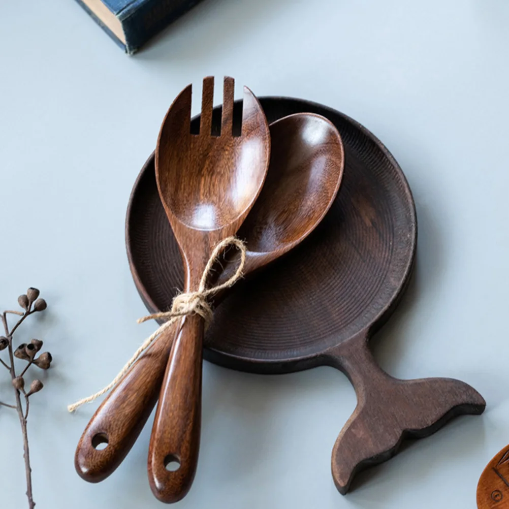 

2pcs Jackfruit Wood Salad Spoon Fork Set Lightweight Long Handle For Home Restaurant Party Use Salad Serving Flatware