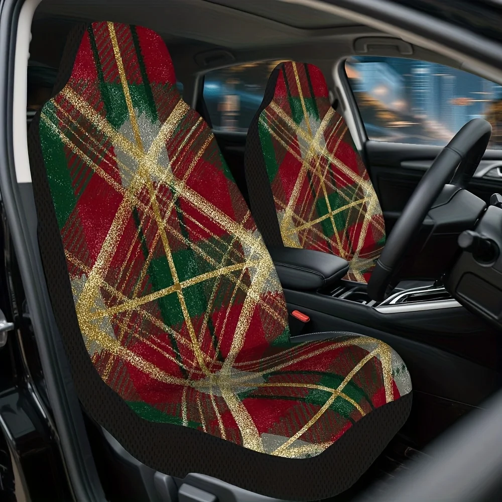 Set Of 2, Stylish Traditional Checkered Tartan Design Front Protectors, Perfect Gift For Car Owners, Easy To Take Off And For Cl