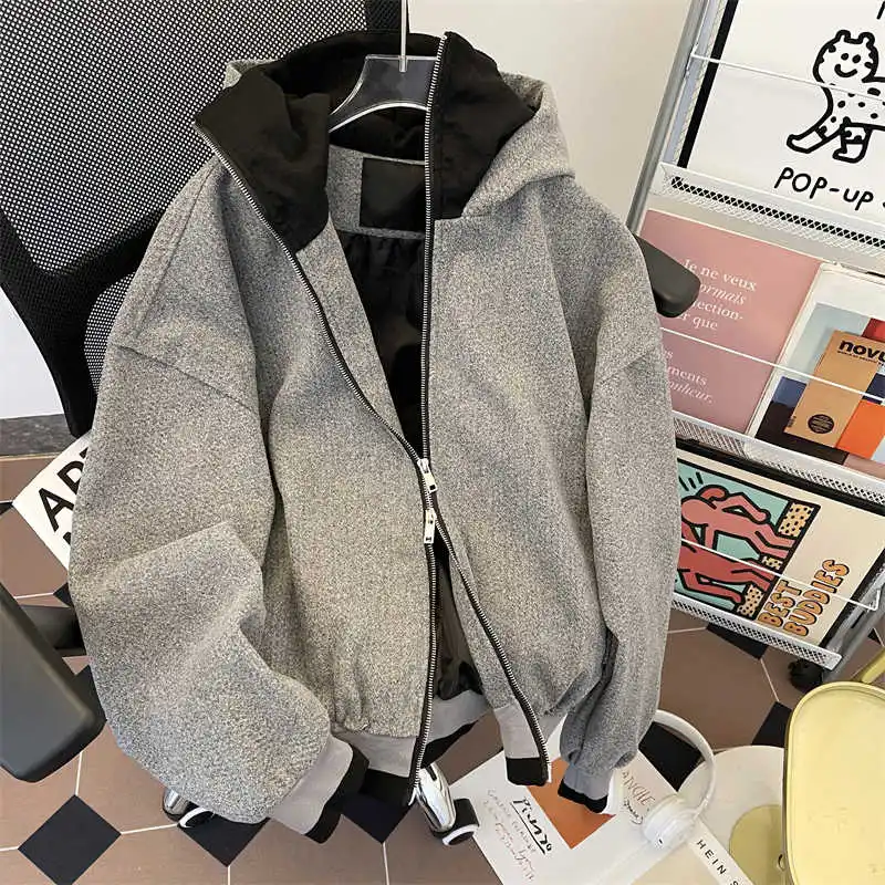 Frauen Grau Langarm Herbst Jacke Mäntel Vintage 2000er Jahre Harajuku Oversize Hoodie Rollkragen Patchwork Jacke Oberbekleidung Kleidung