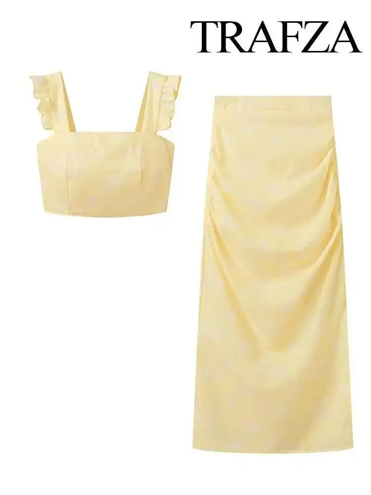 

New Summer Fashion Women Suits Printed Sleeveless Bohemian Style Short Sg Tops+Elastic Waist Side Zipper Split Skirts