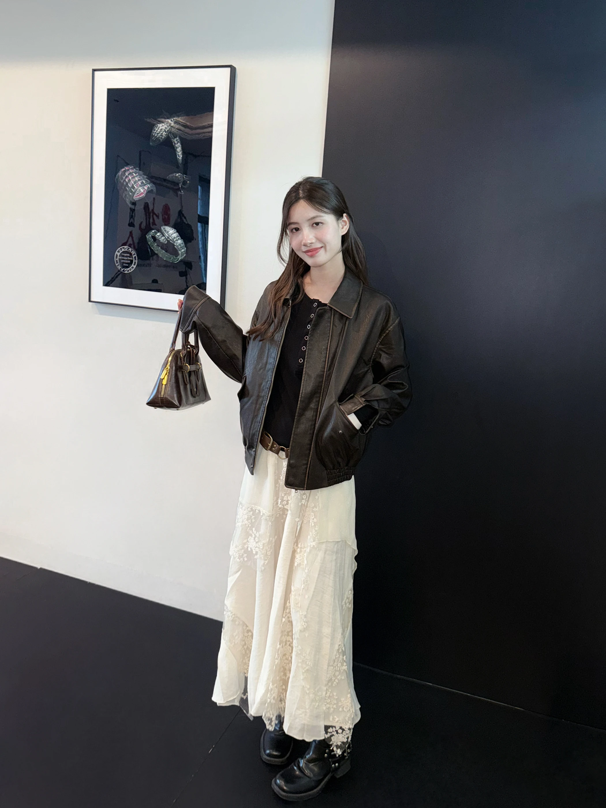 Aassss American Retro Kurze PU-Lederjacke für Damen, lockere Passform, modische Oberbekleidung mit Reißverschlusskragen, reguläre Ärmel