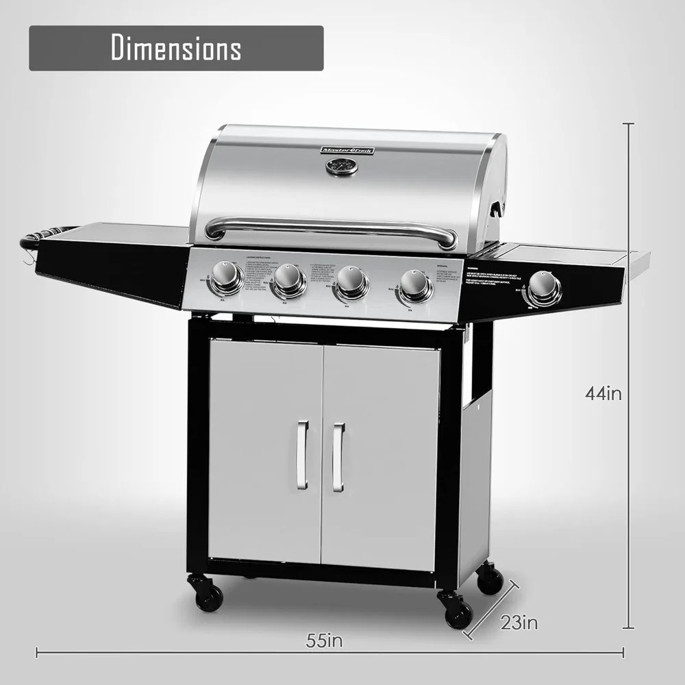 Gas Grill, BBQ 4-Burner Cabinet Style Grill Propane with Side Burner, Stainless Steel