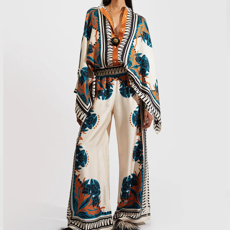 

Fashion O Neck Batwing Sleeve Top with Long Pants Set Spring Summer Pattern Printed Loose Suit Women's Vintage Irregular Outfit