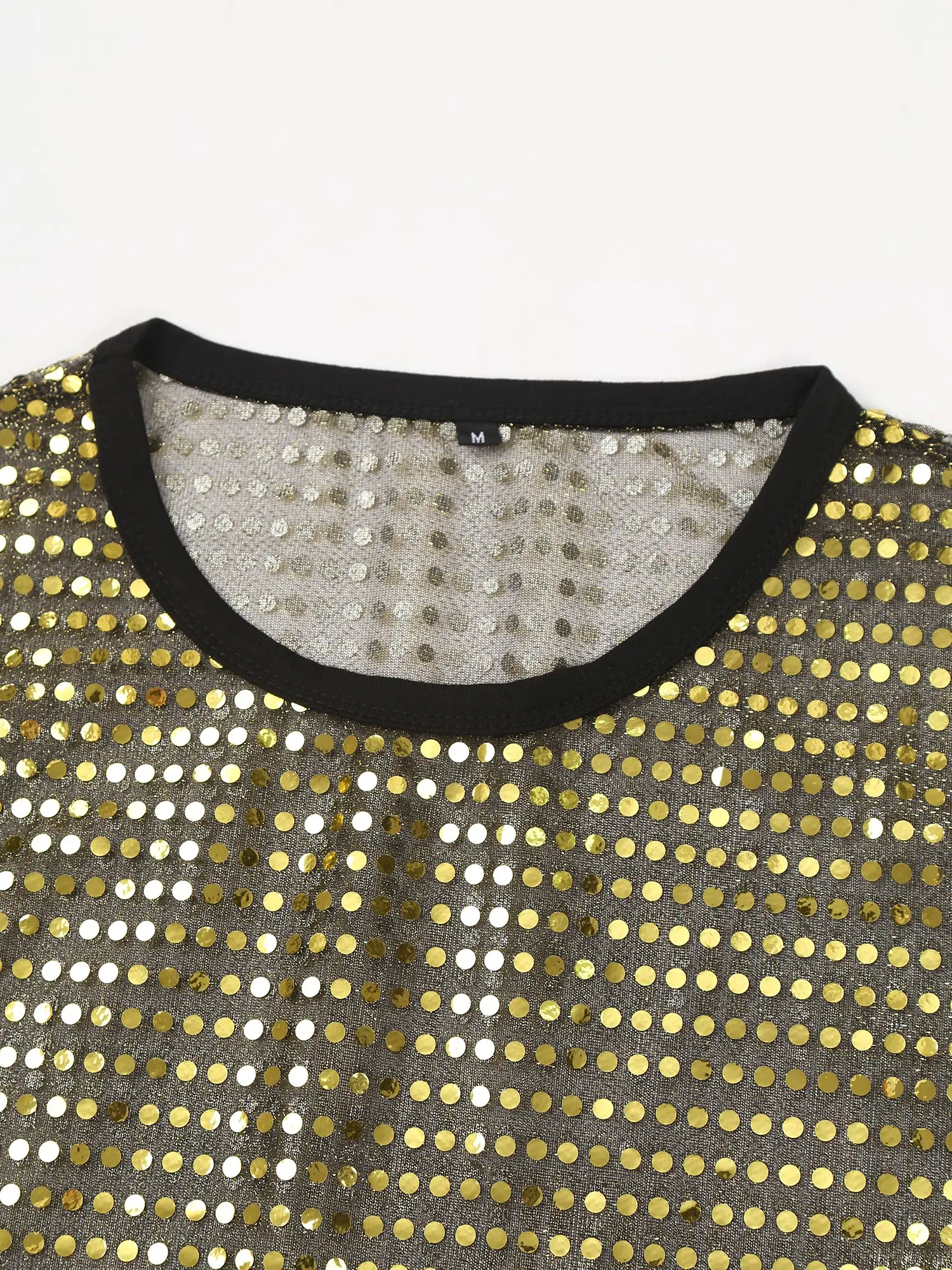 Mens Shiny Sequin Mesh Vintage Tee Top 70s Disco Party Hippie T-shirt Top Short Sleeve Blouse See Through Sheer Classic Clubwear