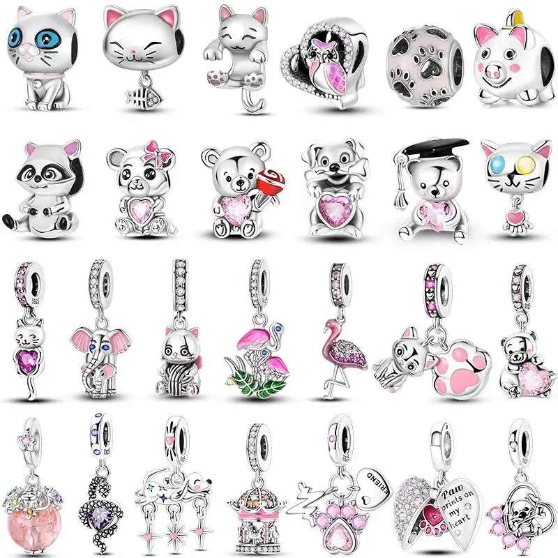 Hapilife 2026 925 Sterling Silver Charms Dog Bear Cat Pink Girl Heart Shape Paw Bow Pendant Fit Bracelet DIY Jewelry Original