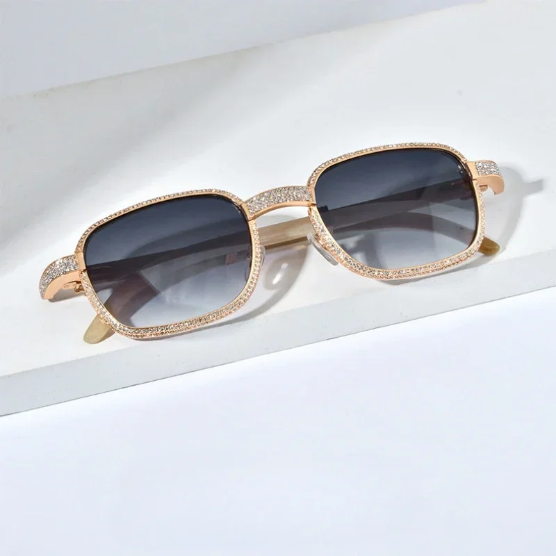 White Diamond Natural Black Bull Horn Gold Plated Optical Glasses Legs High End Square Outdoor Protection UV400 Sun Glasses