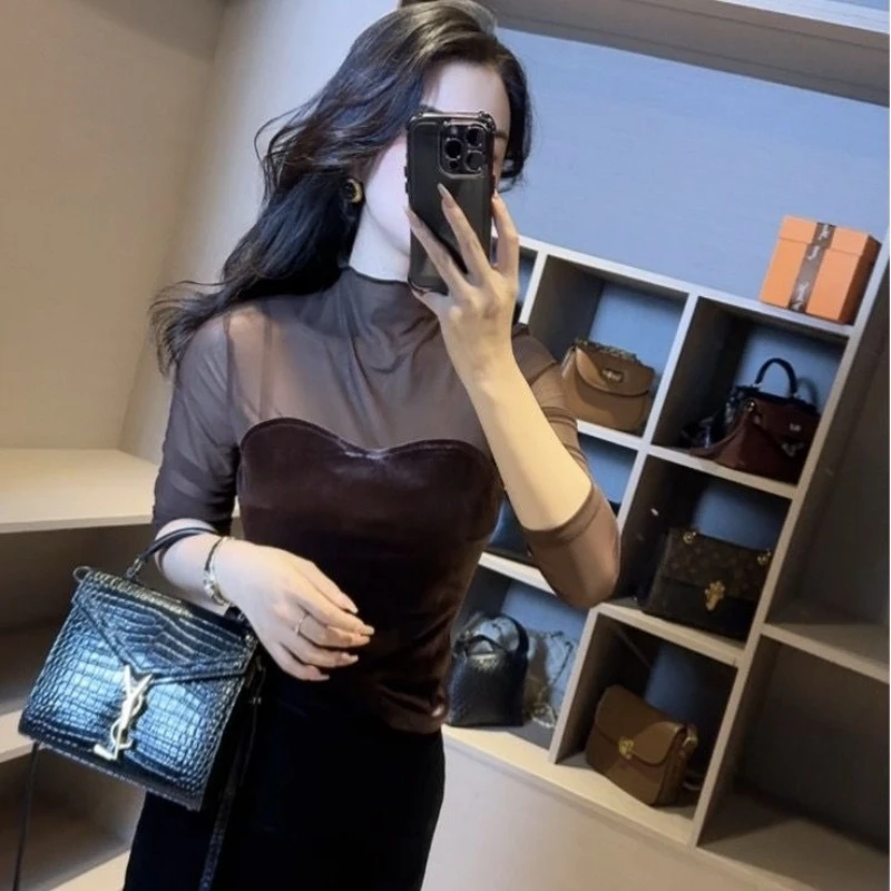 

Gauze Mesh Spliced half High Neck Long Sleeve T-shirt for Women New Versatile Top