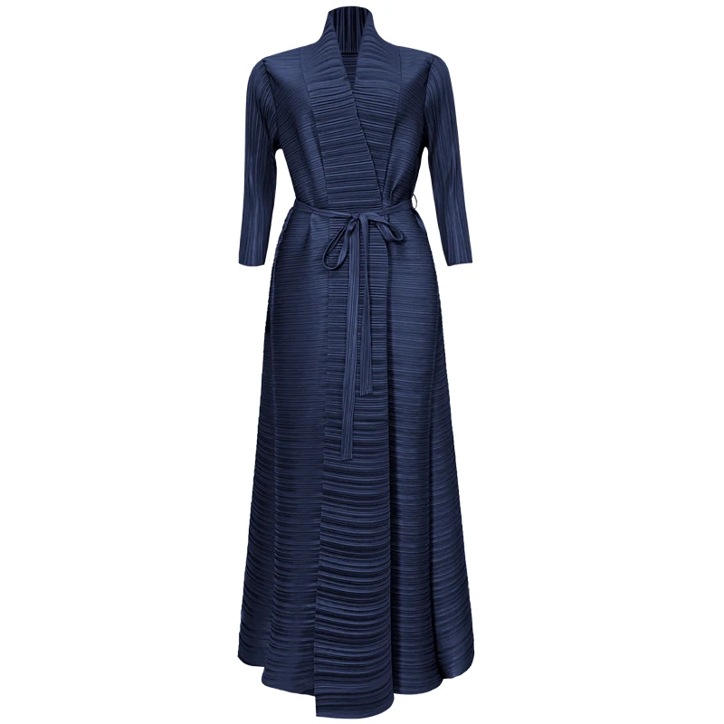 Miyake Pleated Dress Long Cardigan Coats Women 2024 Spring Abaya Fashion Original Designer Belt Sashes Elegant Aesthetic Clothes