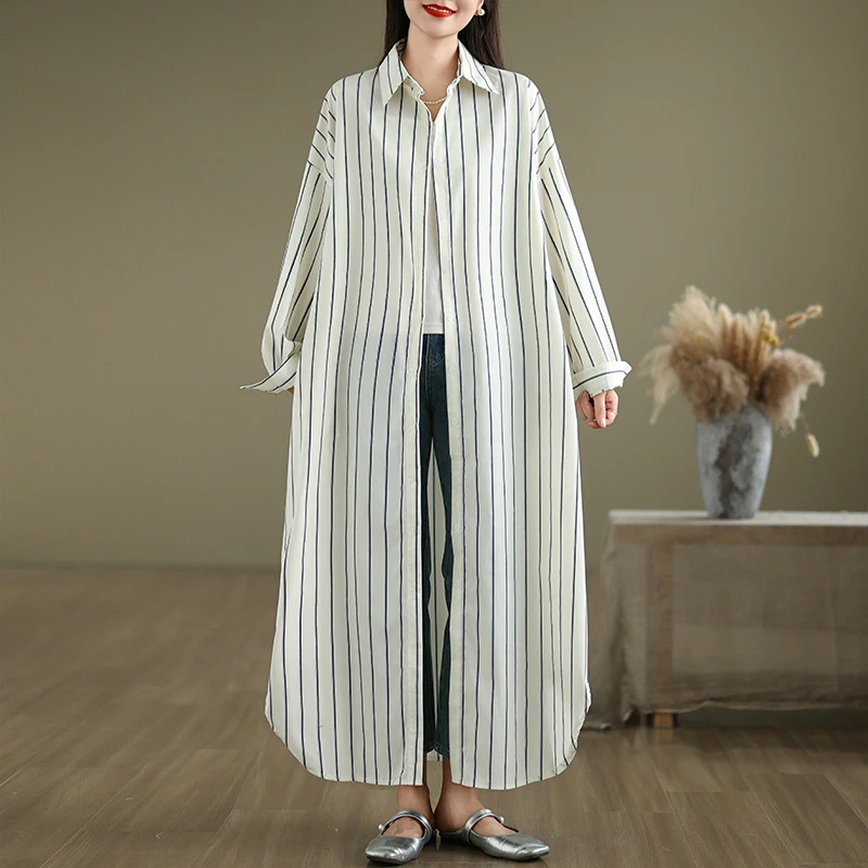 Loose Fit Cotton Linen irt Dr Artistic Casual Striped Mid-Length Korean Sle Women's Autumn Faion Commute Sle