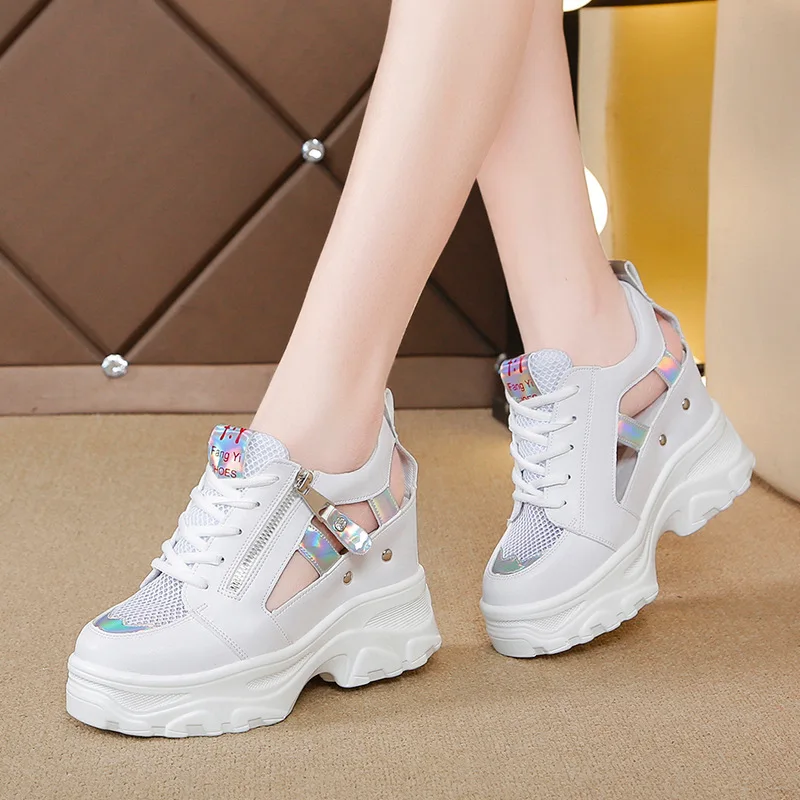 Summer Women Sneakers Mesh High Platform Trainers White Shoes 9CM Heels Wedges Sandals Breathable Woman Casual Outdoor Shoe