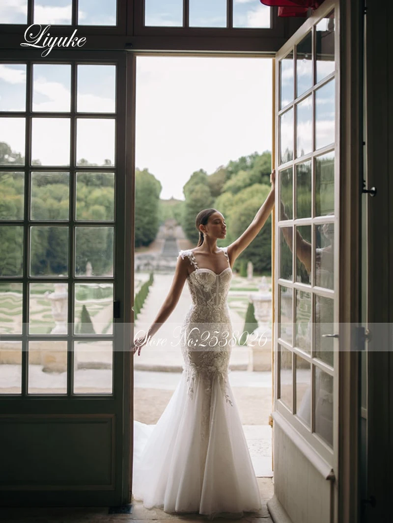 Liyuke Shining Symmetrical Lace Sweetheart Mermaid Wedding Dress With Silky Tulle Appliques Spaghetti Straps Bridal Gowns