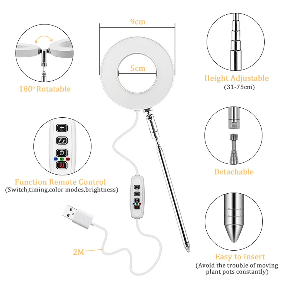 1pc Ring Plant Light Angel Ring Grow Light DC5V USB LED Phytolamp Warm White Full-spectrum 4 Dimmable Levels Telescopic