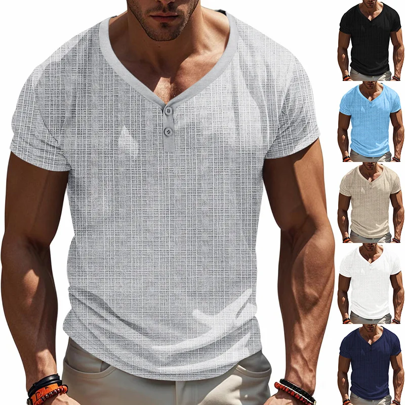 Men Textured V‑Neck Henley T‑Shirt, Button Placket Short Sleeve Slim Fit Summer Casual Tees Tops