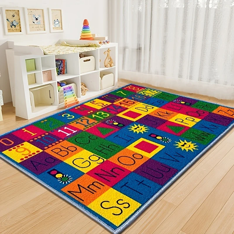 Kids Educational Alphabet Printed Area Rug, ABC Numbers Math Symbols Animal Shapes, Colorful Learning Floor Mat