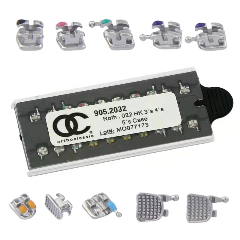 10 Cajas de Brackets Metálicos KND OC para Ortodoncia, Brackets Dentales MIM Monoblock, Roth MBT 022 018 con Ganchos 345 para Uso Odontológico