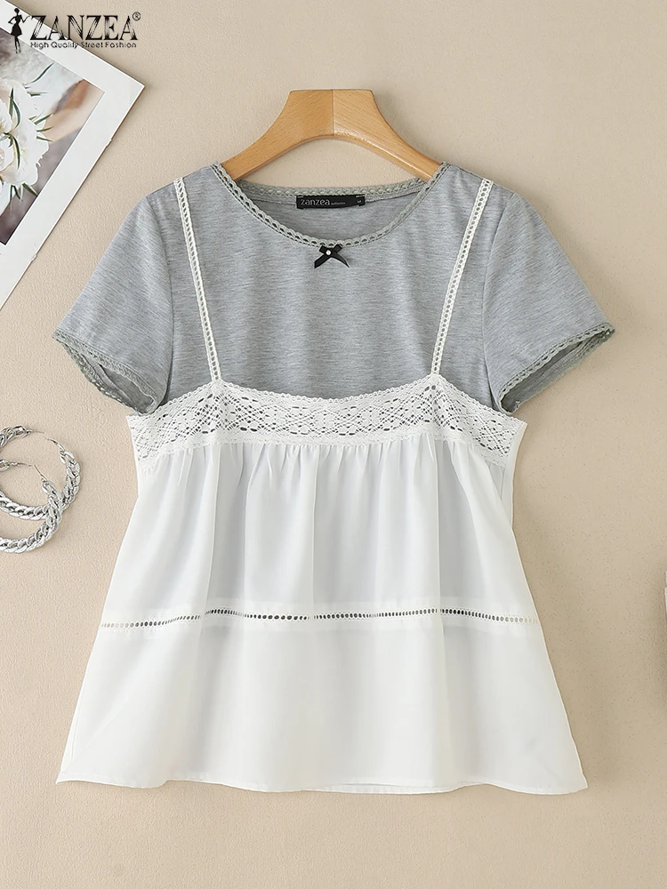 

ZANZEA Fashion Summer Blouse Lace Patchwork Tops Women Short Sleeve Tunic 2025 Casual Loose Beach Blusas Oversized S-3XL