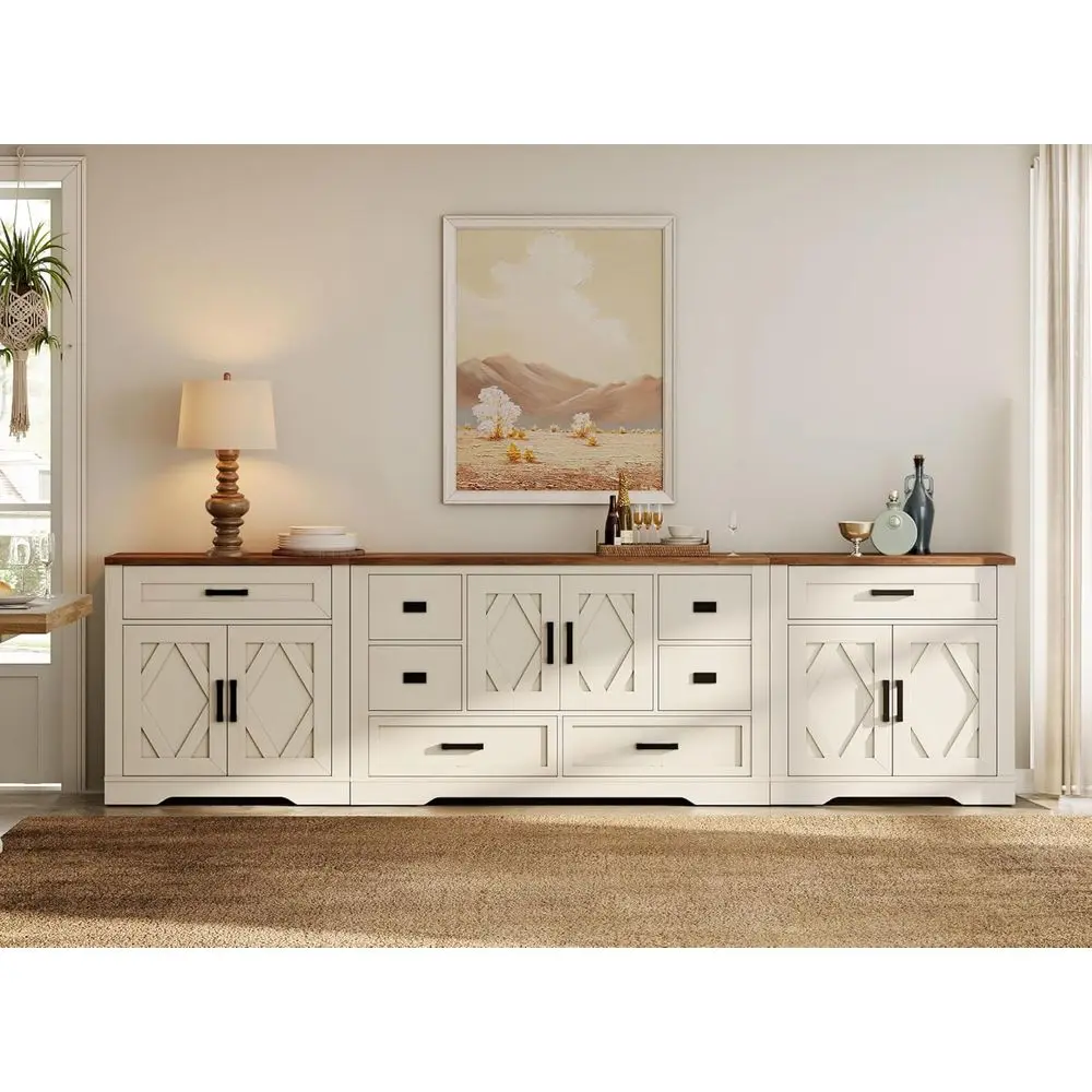 Large 3-in-1 Cream White Sideboard with Barn Door, Storage & Dining Room Use, 117W x 15.4D x 32H