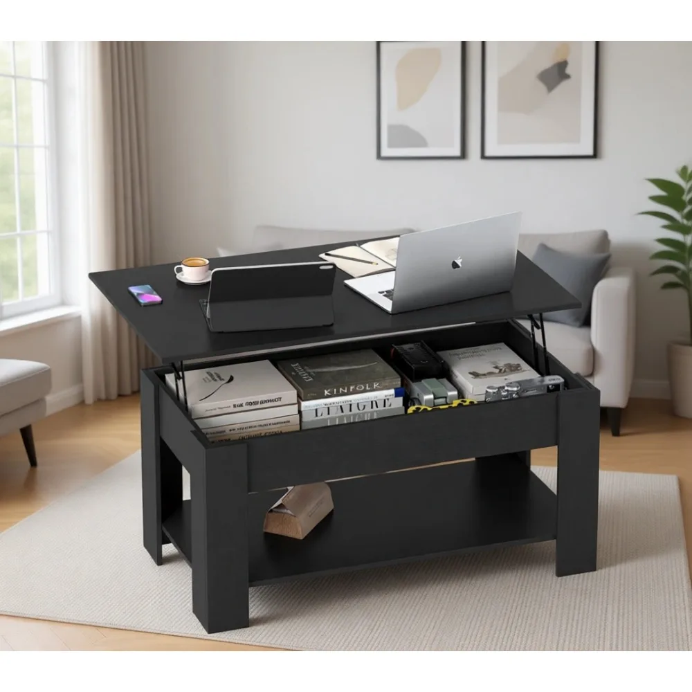 

Журнальный столик-трансформер с откидной столешницей, скрытым хранилищем и нижней полкой для небольшой гостиной, черный
