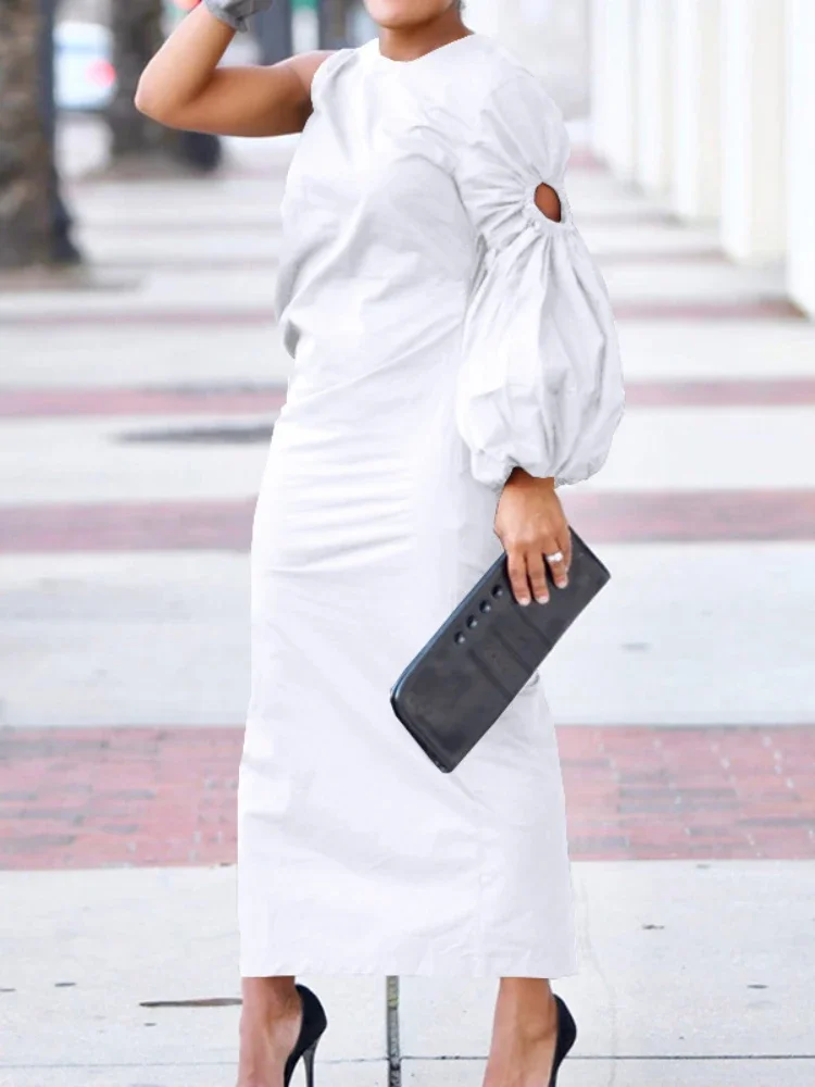 Femmes découpe une manches longues froncé côté fendu Maxi moulante robe mi-longue 2025 hiver Vintage Sexy robes de soirée