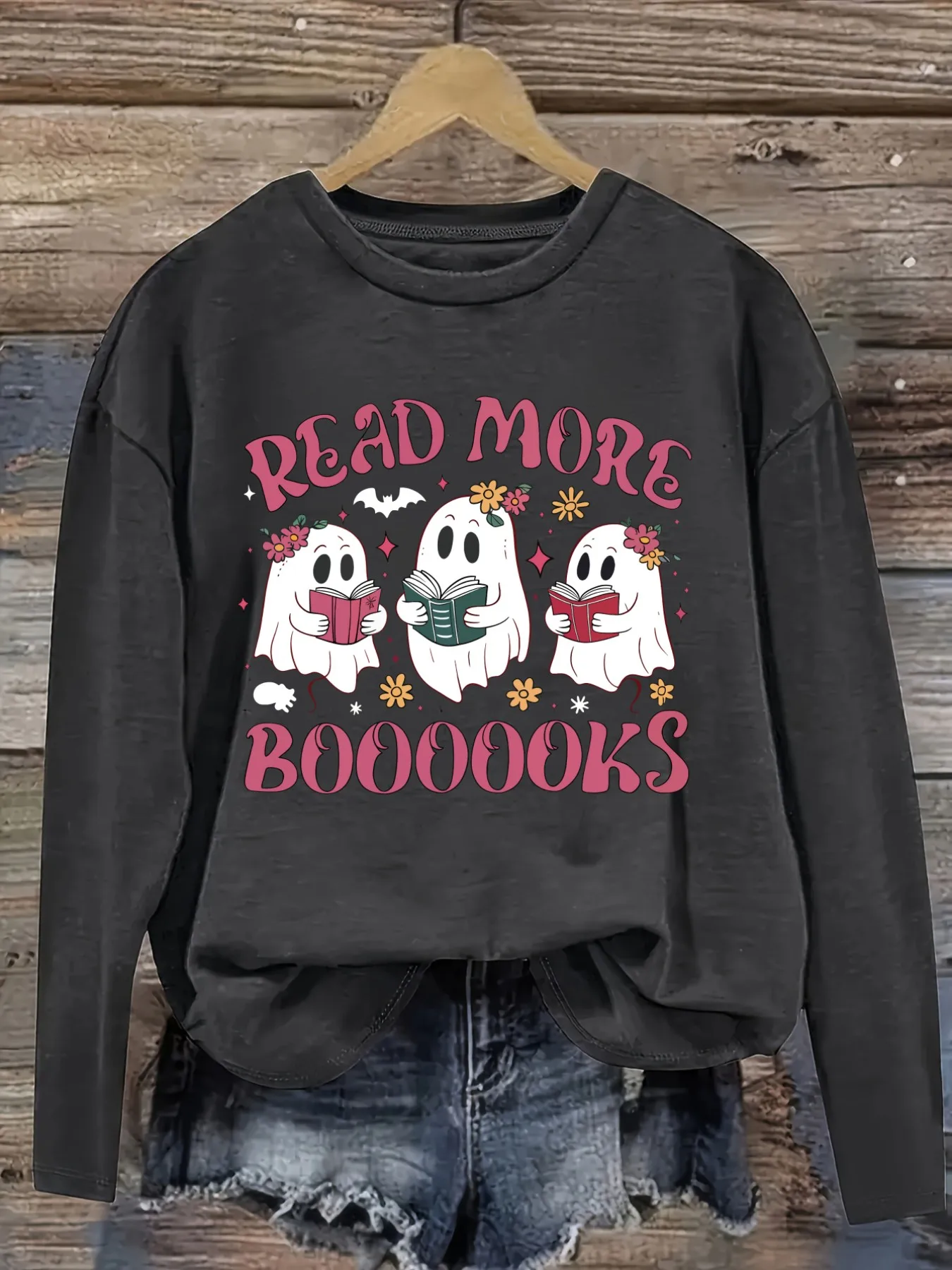 Women's Casual Long Sleeve Crew Neck T-Shirt Read More Boooooks Ghosts Reading Books Design, Round Neck Women's Clothing, Machine Washable, Slightly Elastic, Loose Fit, Spring Autumn Winter Women's T-Shirt, Halloween Costume Outfit view 2