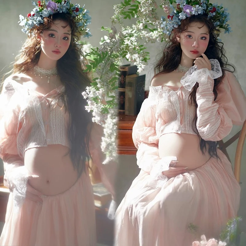 Women Elegant French Painting Style Maternity Dress for Photo Shoot Pregnancy Lace Top with Skirt 2pcs Dresses for Photography