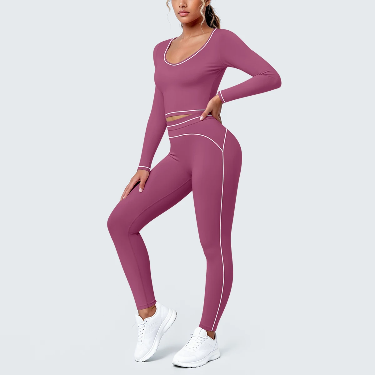 Slim Casual Color Blocking Yoga Long Sleeved and Pants Set Quick Drying  Women Sports Top High Waisted Lifting Buttocks Pants