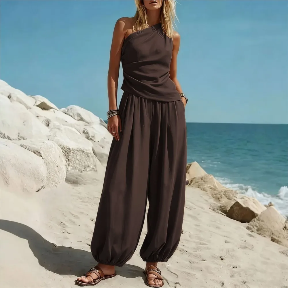 

Slanted Collar Sleeveless Vest + Wide Leg Pants 2 Piece Set Summer New Women's Casual Solid Color Loose High Waist Trousers Set