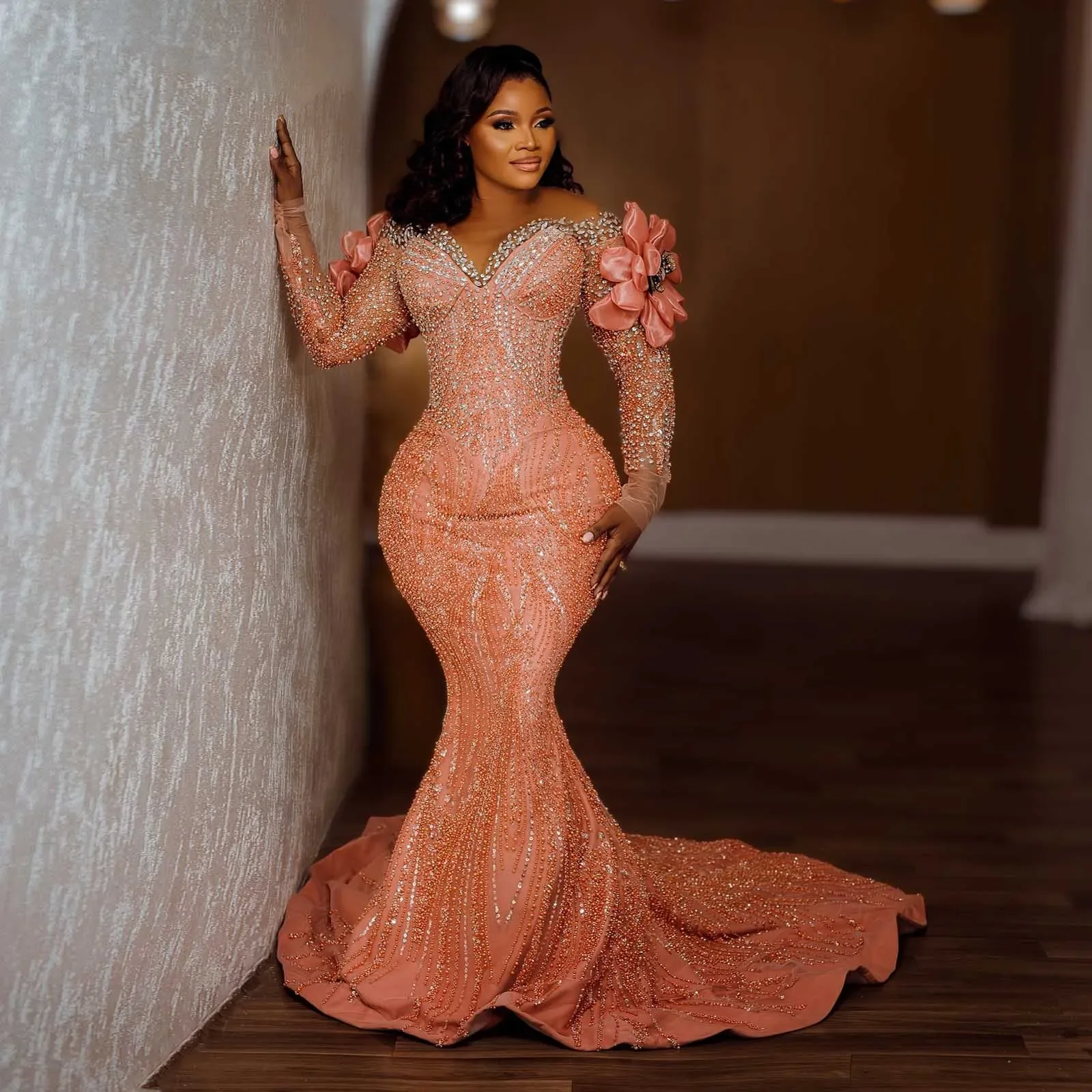 Glamorous Peach Beaded Long Sleeve Floral Applique Mermaid Evening Gown Women Formal Occasion Dresses Oversize Long Prom Party