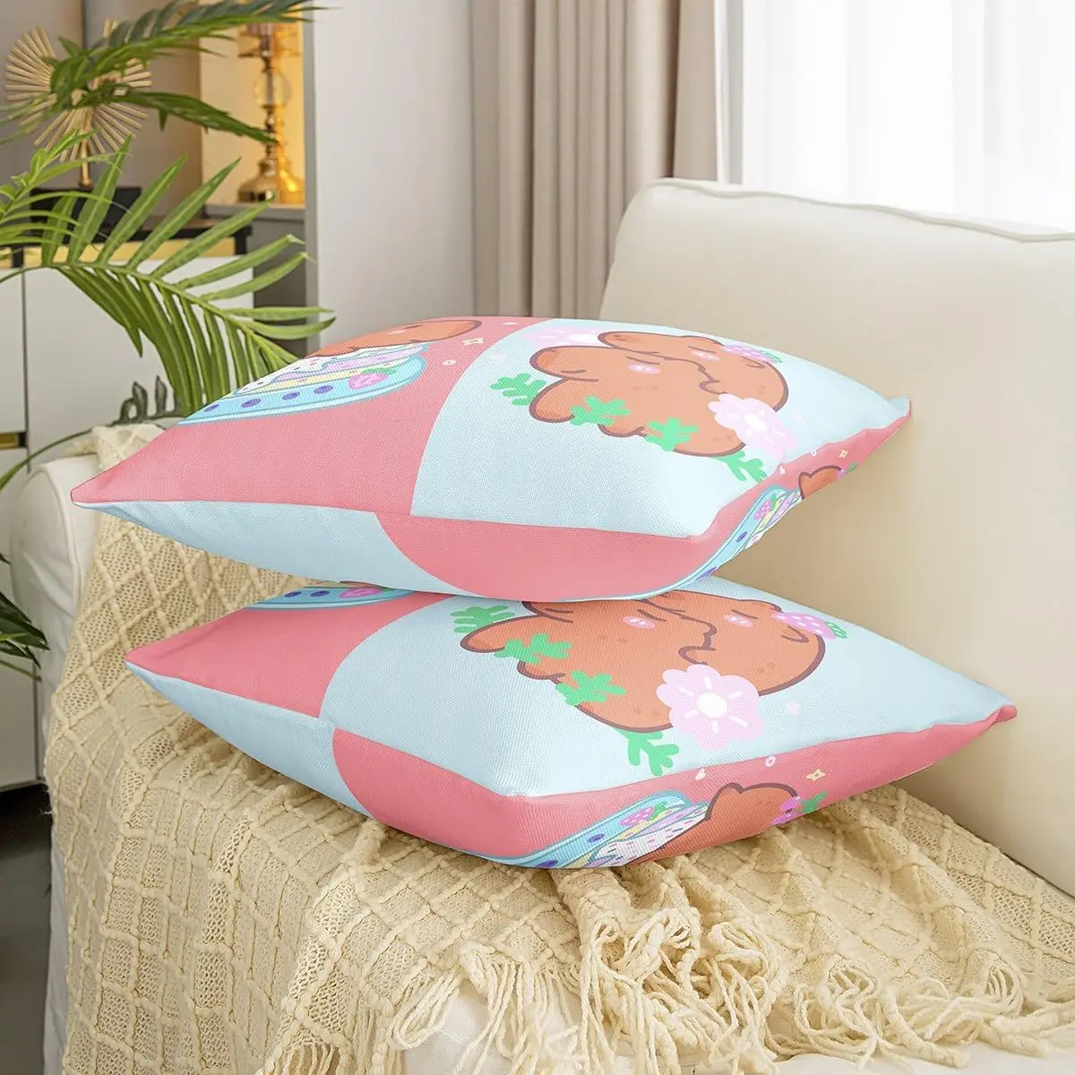 غطاء وسادة كابيبارا مقاس 18 × 18 بوصة، غطاء وسادة كابيباراس لطيف لمحبي كابيبارا للأطفال، رمي باللونين الوردي والأزرق