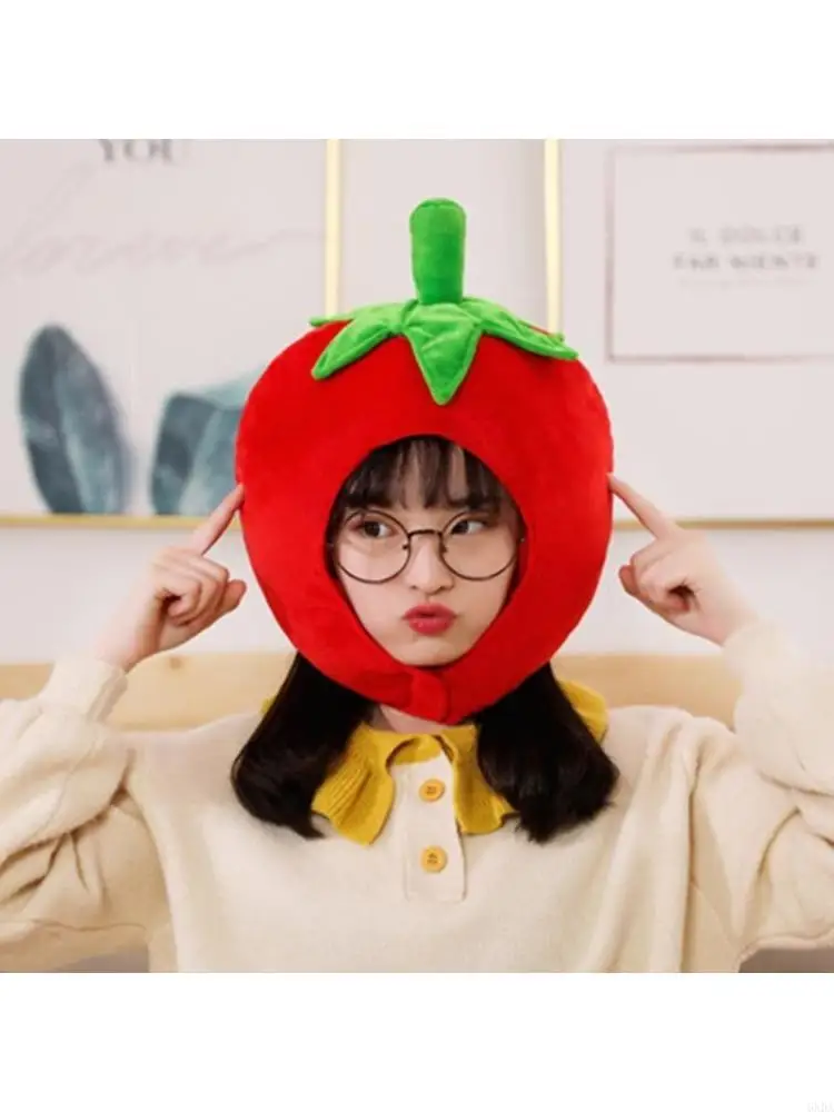 Lovely Tomato Plush Hat Funny Fruit Stuffed Headgear Warm Earflap Cap Performance Cosplay Party Photo Props 6XDA