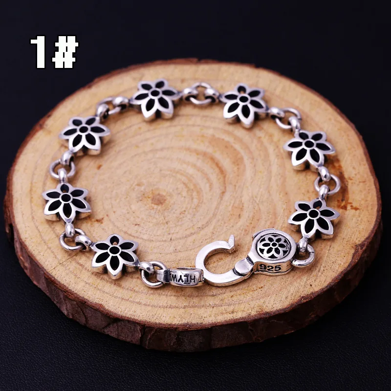 Punk style high-end S925 pure silver fashion accessory, retro Thai silver cherry blossom bracelet, personalized and trendy unise